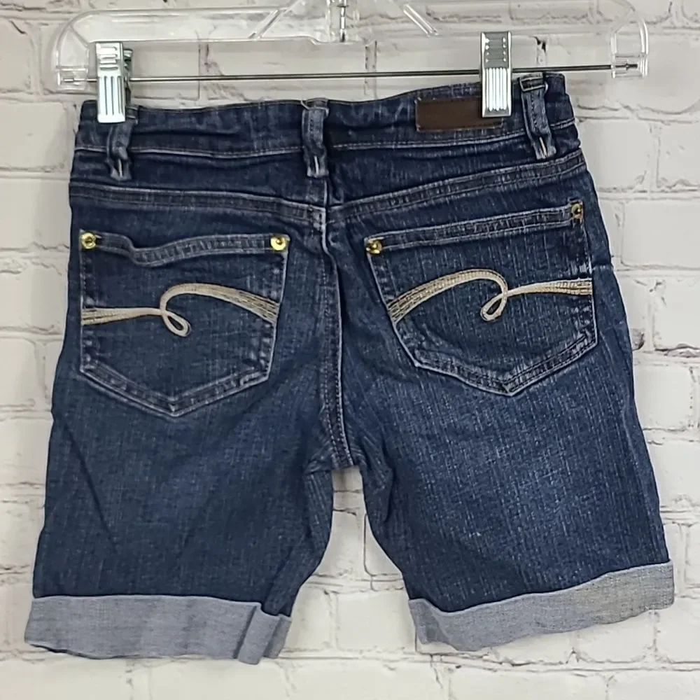 Justice Girl 8 Cotton Stretch Dark Blue Jean Bermuda Midi Short Distressed Denim